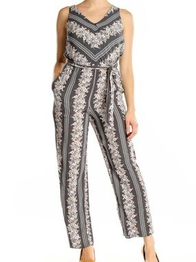 LOFT Charcoal Floral-Striped Sleeveless V-Neck Jumpsuit